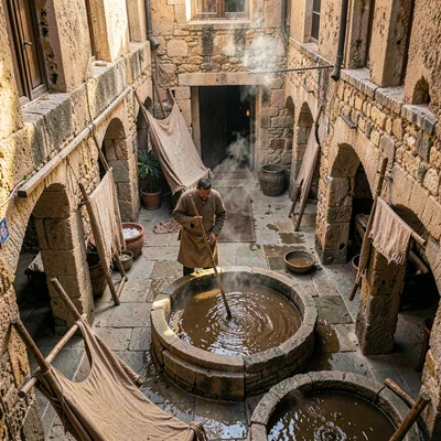 Historic medina photography, labyrinthine old city, A leather tanner at work in 