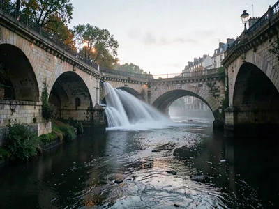 Mist streamers flowing under bridge arches