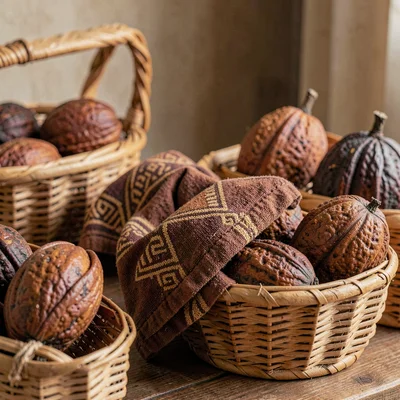 Warm tapa cloth browns and geometric pattern rhythm, Cocoa pods drying in woven 
