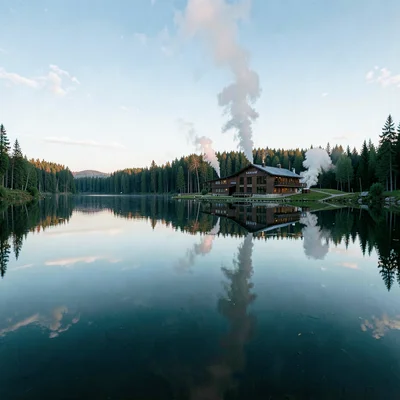 Finnish lake mirror, dead-calm reflection, Sauna smoke rising, building reflecte