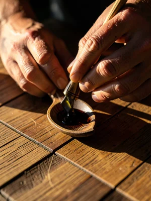 Hands applying linseed oil to a carved spoon, wood grain darkening under fingert