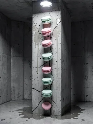 Pastel macarons arranged on cracked concrete pillar, water-stained surface, unco