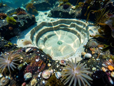 Rock pool evaporation terraces, concentric mineral rings marking falling water l
