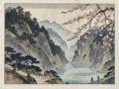 River gorge in spring rain, cherry blossom overhanging from the right, travelers