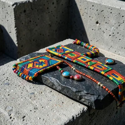 Traditional beadwork jewelry arranged on dark stone, Maasai-inspired colors, mac