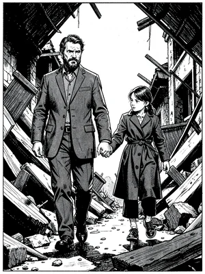 Father daughter in rubble