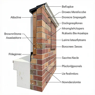 Cutaway diagram of a brownstone wall assembly labelled with hairline annotations