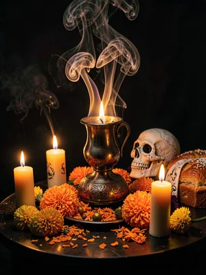 Copal incense smoke swirling in candlelight