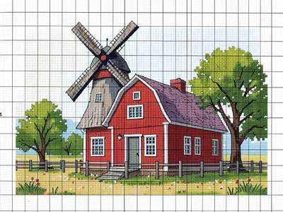 Cross-stitch farmhouse scene