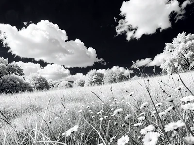 A summer meadow — grasses luminous white, wildflowers pale, clouds blazing again