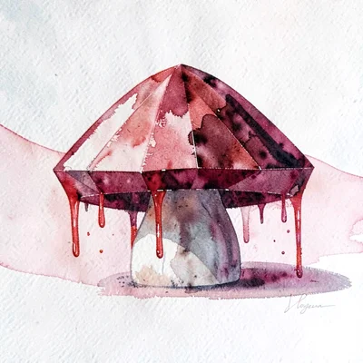 Hollow ruby-red lowpoly mushroom with a domed cap and sharp red facets dropping 