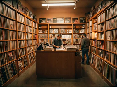 A record store with floor-to-ceiling vinyl bins, orange-brown tones, a clerk beh