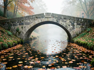 Stone bridge over stream with autumn leaves floating on water, mist