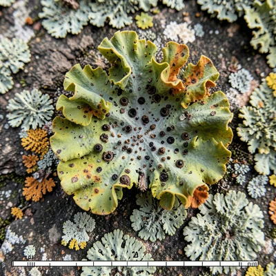 Foliose lichen ruffled edge macro, leaf-like lobe curling away from bark substra