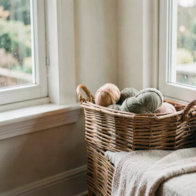 Cozy basket beside a window seat with a few handspun skeins peeking out