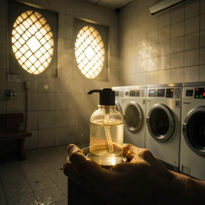 Soap dispenser detail in golden light as sacred offering