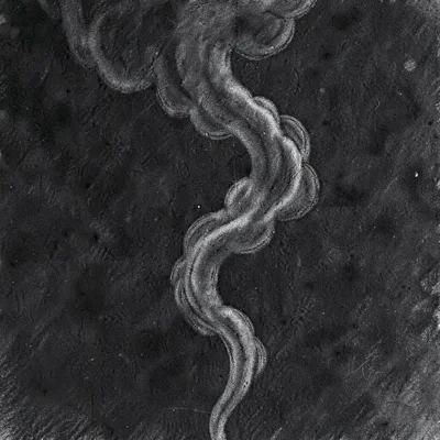 Charcoal study of a smoke plume curling against dark space