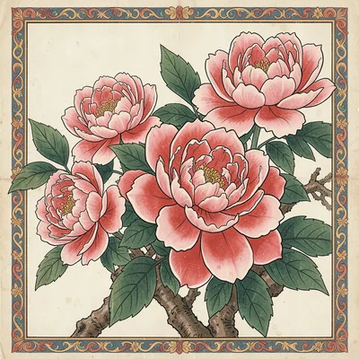 Peonies in full bloom, bold layered petals in pink and red