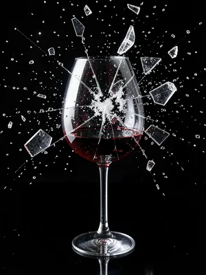 Wine glass shattering with fragments suspended in perfect constellation against 