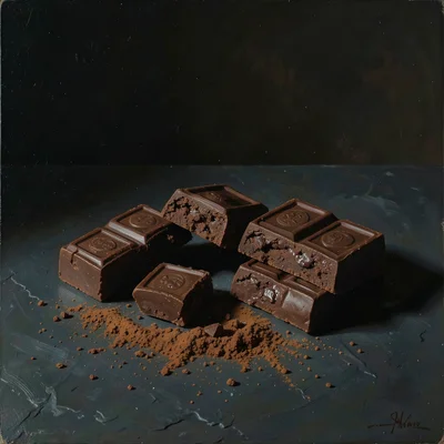 Artisan chocolate bars broken into pieces, cocoa powder dusted, dark slate surfa