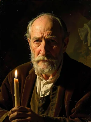 Elderly glassblower's face half-lit by a single candle, deep shadow swallowing t