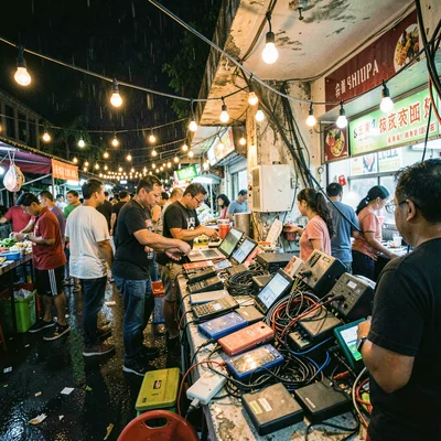 High-energy street photograph, Night market with strings of bare bulbs illuminat