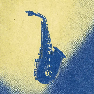 silhouette of a single saxophone curving across the centre on a halftone yellow 