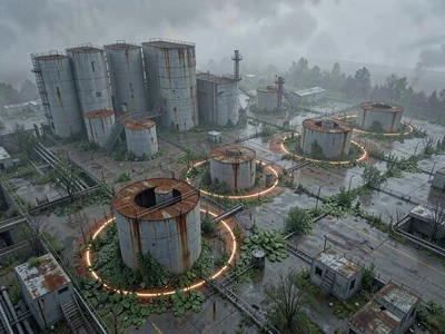 Tank farm aerial mid-shot with circular rust haloes around each empty cylinder a