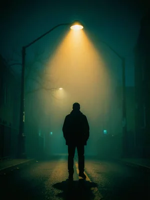 A figure silhouetted in fog under a streetlight, deep teal atmosphere, the light