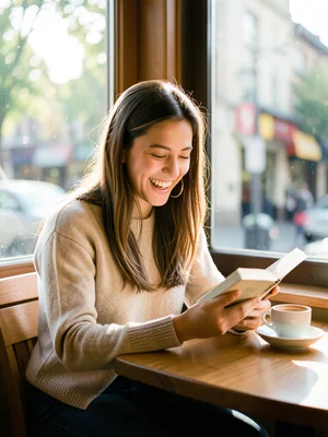 Young woman laughing while reading a book at a sunlit café window