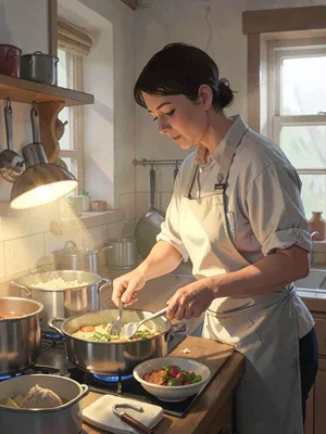 Lamp-lit portrait of a member-cook in the common-house kitchen prepping a shared
