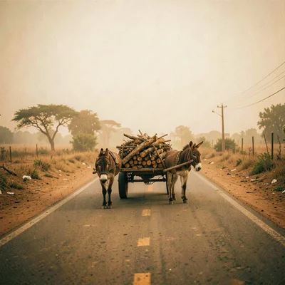 Golden Harmattan dust haze in Bamako, Mali, Donkey cart loaded with firewood on 