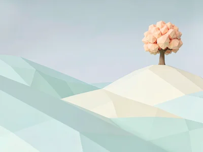 Rolling lowpoly hills in mint and butter receding into the distance, a single pe