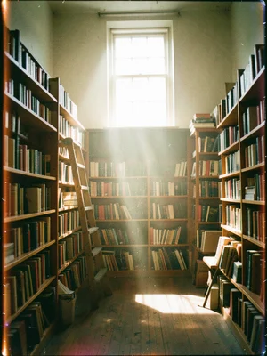 A bookshop interior, floor to ceiling shelves, a ladder, afternoon light cutting