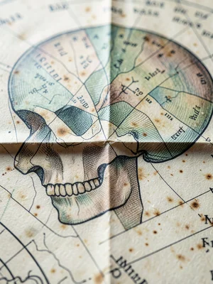 An extreme close-up of a Victorian-era phrenology diagram of a human skull in pr