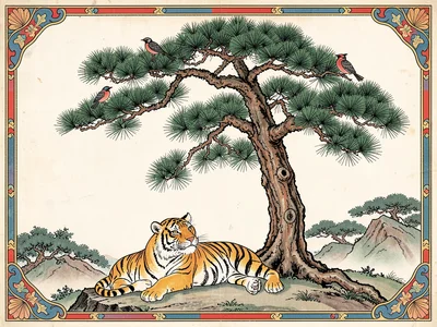 Tiger reclining under a tall pine tree, magpies perched in the branches above