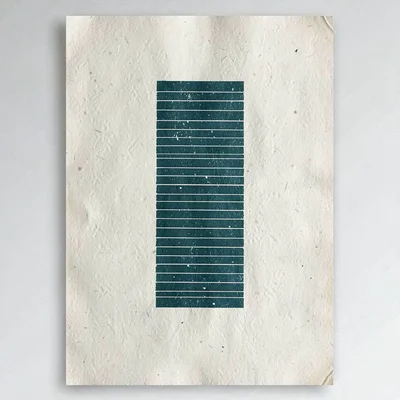 Vertical screenprint poster of a tall stacked-card composition in deep teal on b