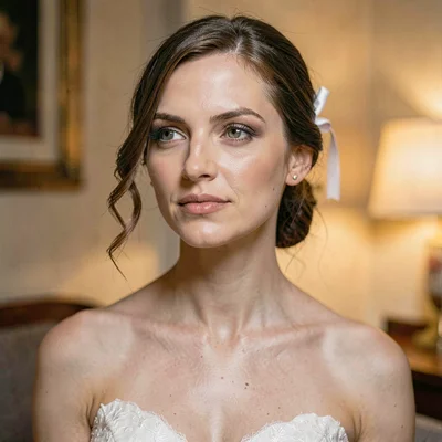 Lamp-lit portrait of a bride with a half-up style and a small ribbon bow