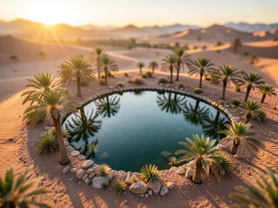 Desert oasis from above, tilt-shift, tiny palm trees around model pond