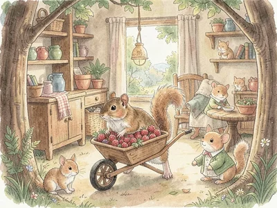 Mouse with wheelbarrow of berries