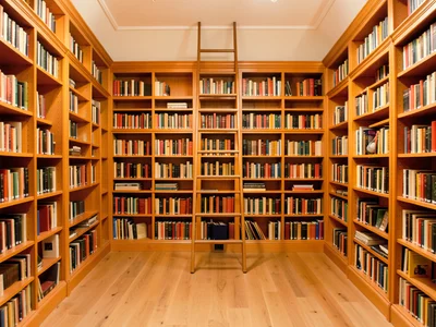 Library with symmetrical bookshelves in warm colors, ladder centered, reading fi