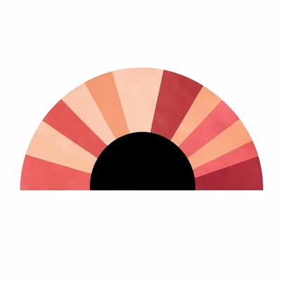 silhouette of a single rising-sun arc with three halftone-banded rays in coral a