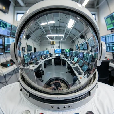 Astronaut helmet visor reflecting entire mission control room, the balance of on