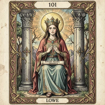 Tarot card illustration, The High Priestess between two pillars, moon crown, scr