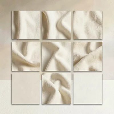 A fashion-lookbook detail-textures grid of six abstract fabric-detail close-crop