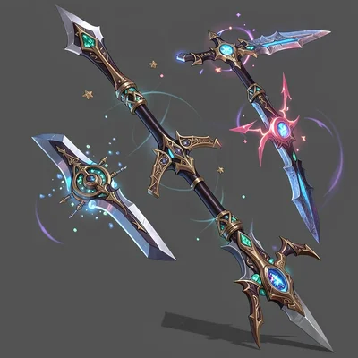 Fantasy weapon illustration, a glaive with transforming blade modes, magical mec