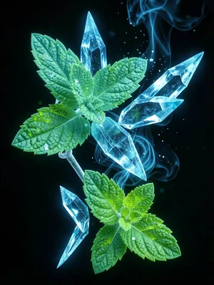 Fresh mint rendered as cool blue-green crystalline sharp forms