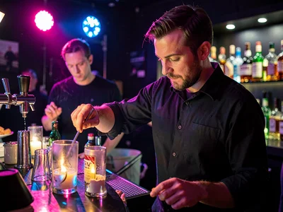 Bartender mixing in colored light