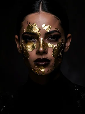 Gold leaf face peeling to reveal darkness underneath, luxury decay, dramatic
