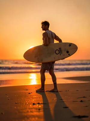 Surfer carrying board at sunset